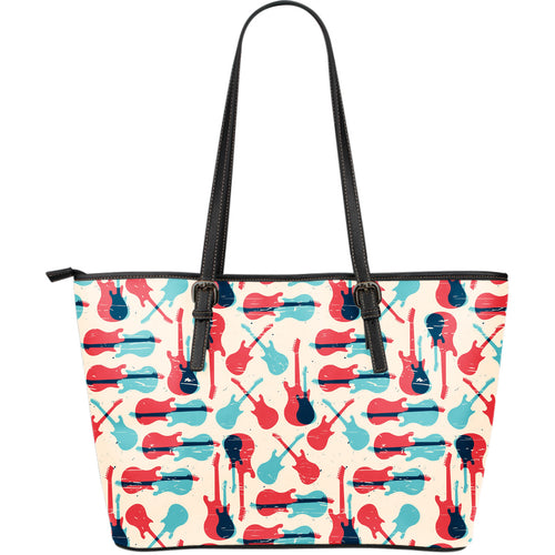 Red Blue Guitar Pattern Large Leather Tote Bag