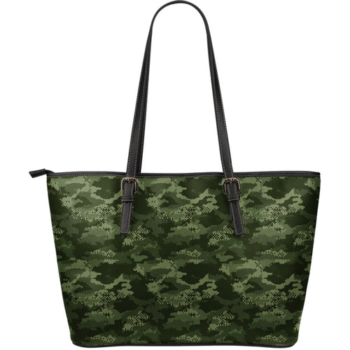 Digital Green Camo Camouflage Pattern Large Leather Tote Bag