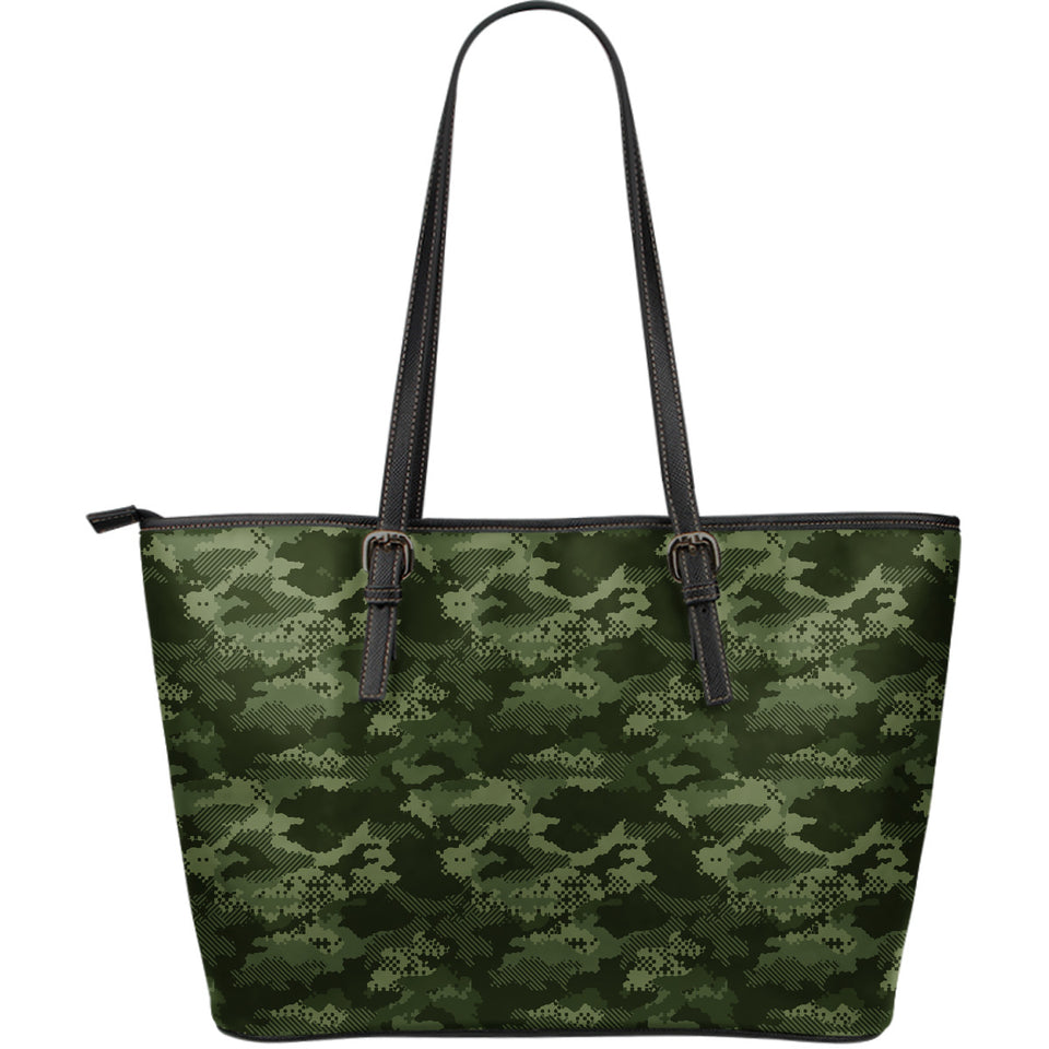 Digital Green Camo Camouflage Pattern Large Leather Tote Bag