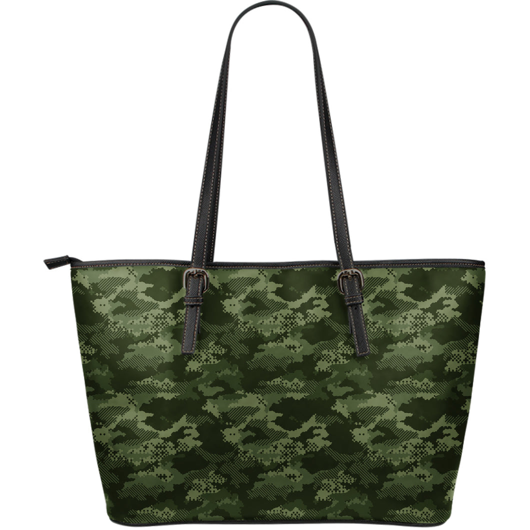 Digital Green Camo Camouflage Pattern Large Leather Tote Bag
