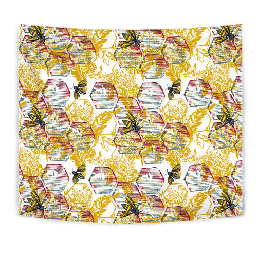 Cool Bee Honeycomb Leaves Pattern Wall Tapestry