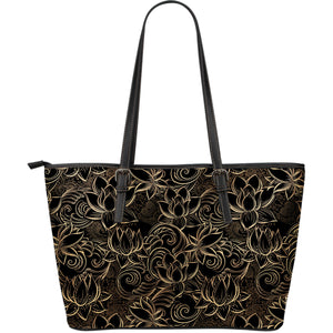 Luxurious Gold Lotus Waterlily Black Background Large Leather Tote Bag