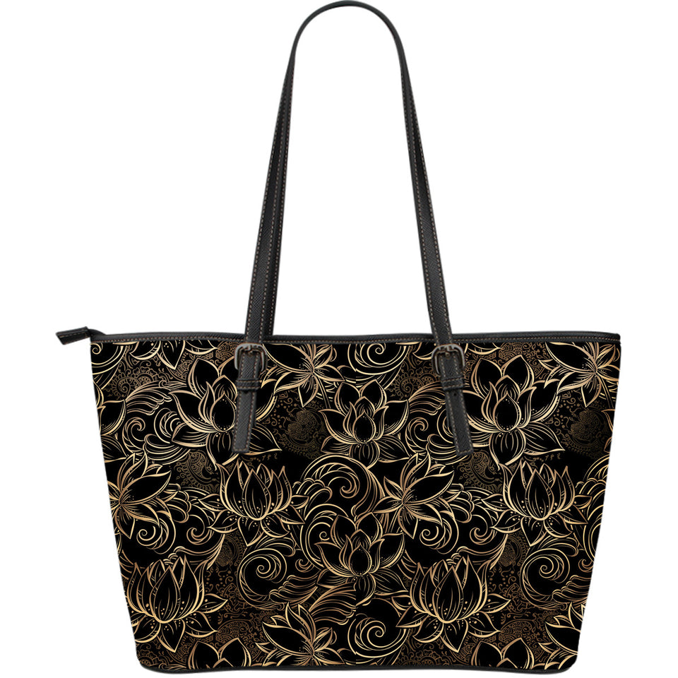 Luxurious Gold Lotus Waterlily Black Background Large Leather Tote Bag