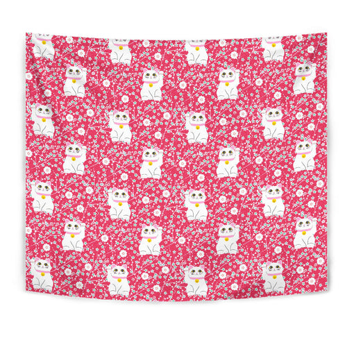 Maneki Neko Lucky Cat Sakura Pink Background Wall Tapestry