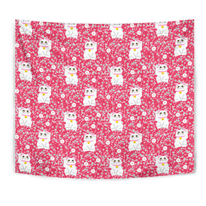 Maneki Neko Lucky Cat Sakura Pink Background Wall Tapestry