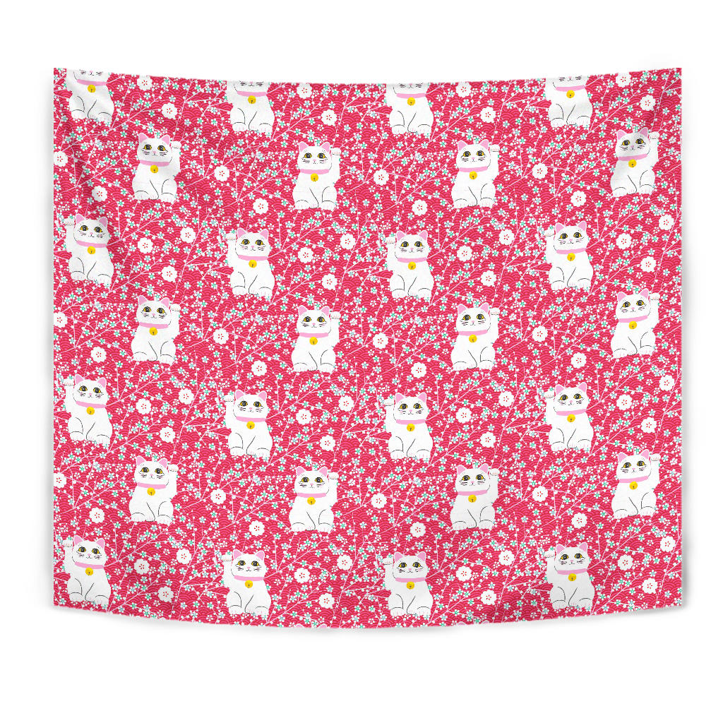 Maneki Neko Lucky Cat Sakura Pink Background Wall Tapestry