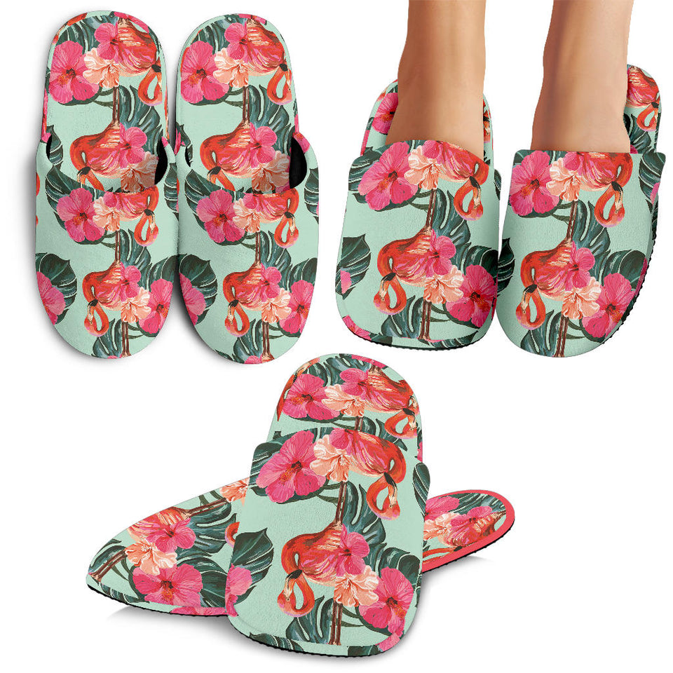 Beautiful Flamingo Tropical Palm Leaves Hibiscus Pateern Background Slippers