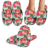 Beautiful Flamingo Tropical Palm Leaves Hibiscus Pateern Background Slippers