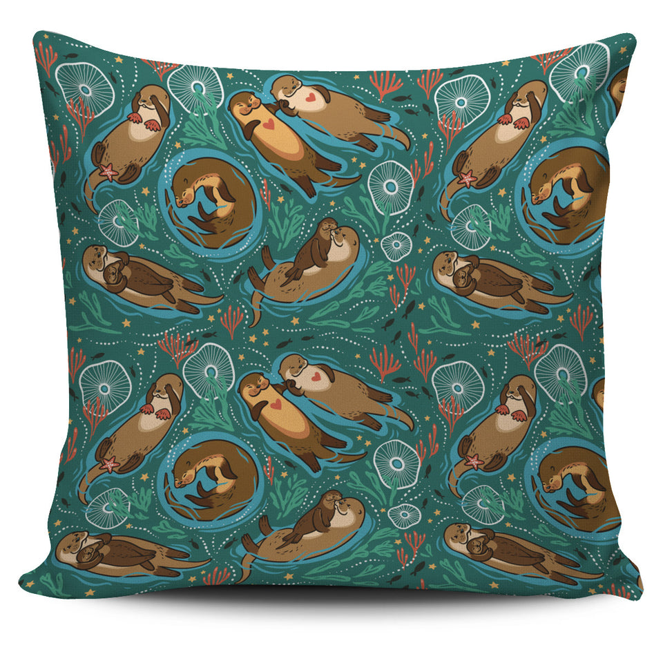 Cute Brown Sea Otters Ornamental Seaweed Corals Green Water Pillow Cover