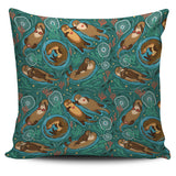 Cute Brown Sea Otters Ornamental Seaweed Corals Green Water Pillow Cover