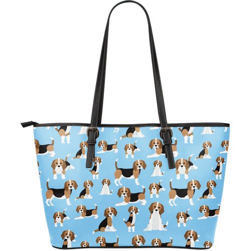 Beagle Dog Blue Background Pattern Large Leather Tote Bag