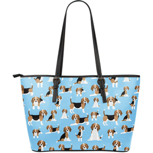 Beagle Dog Blue Background Pattern Large Leather Tote Bag