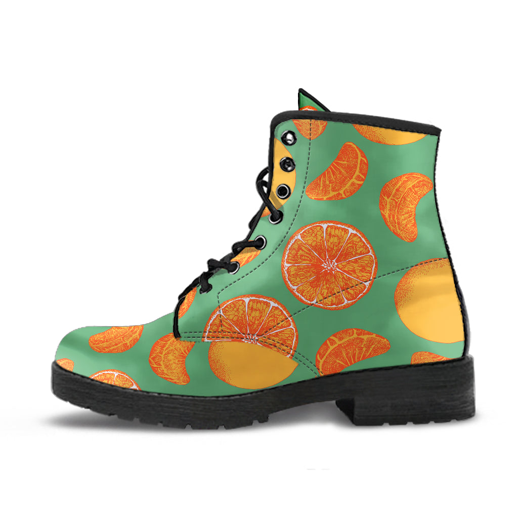 Orange Fruit Pattern Green Background Leather Boots