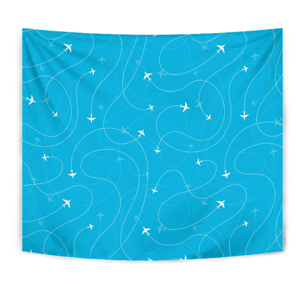 Airplane Destinations Blue Background Wall Tapestry