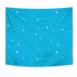 Airplane Destinations Blue Background Wall Tapestry