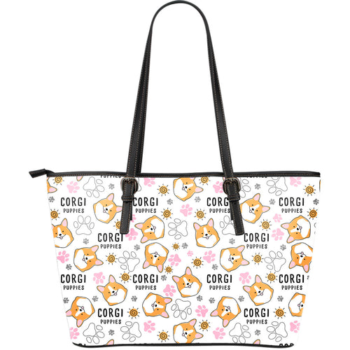 Corgi Dog Pattern Large Leather Tote Bag