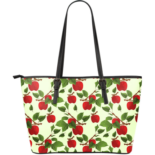 Red Apples Leaves Pattern Large Leather Tote Bag