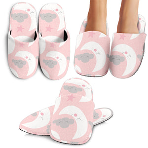 Cute Moon Cloud Star Pattern Pink Dot Background Slippers