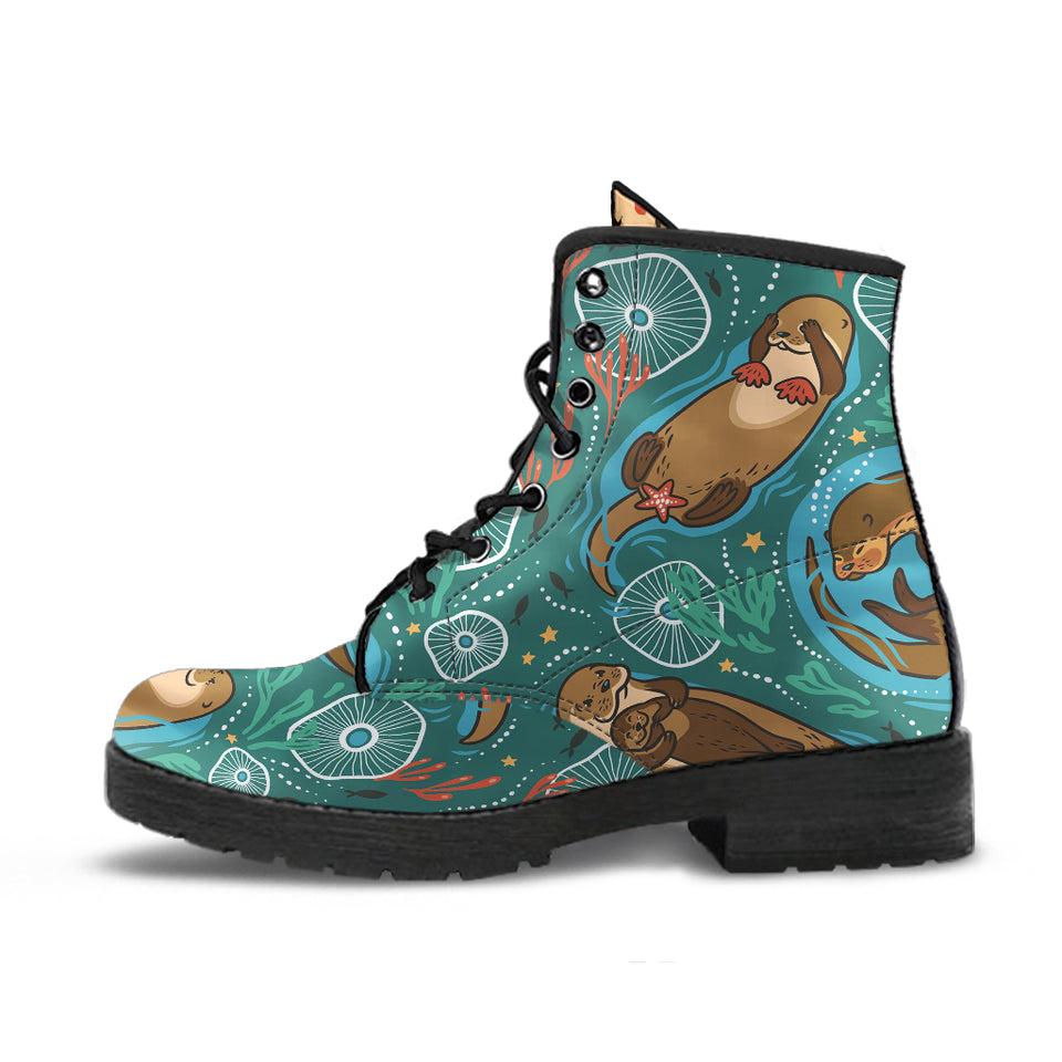 Cute Brown Sea Otters Ornamental Seaweed Corals Green Water Leather Boots