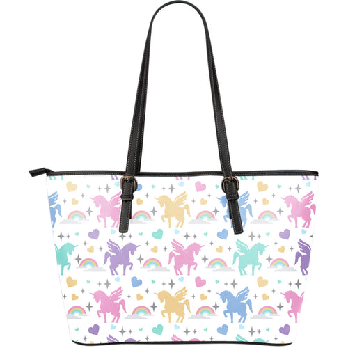 Colorful Unicorn Rainbow Heart Pattern Large Leather Tote Bag