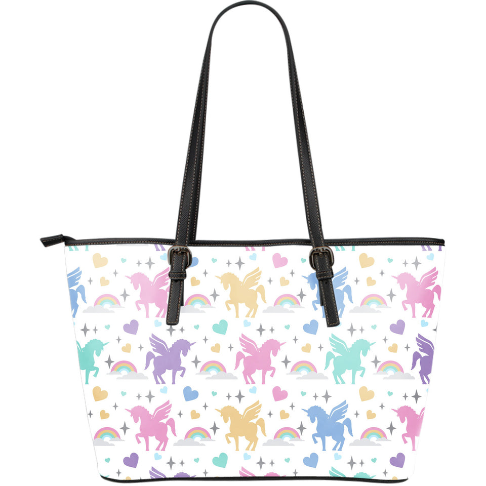 Colorful Unicorn Rainbow Heart Pattern Large Leather Tote Bag