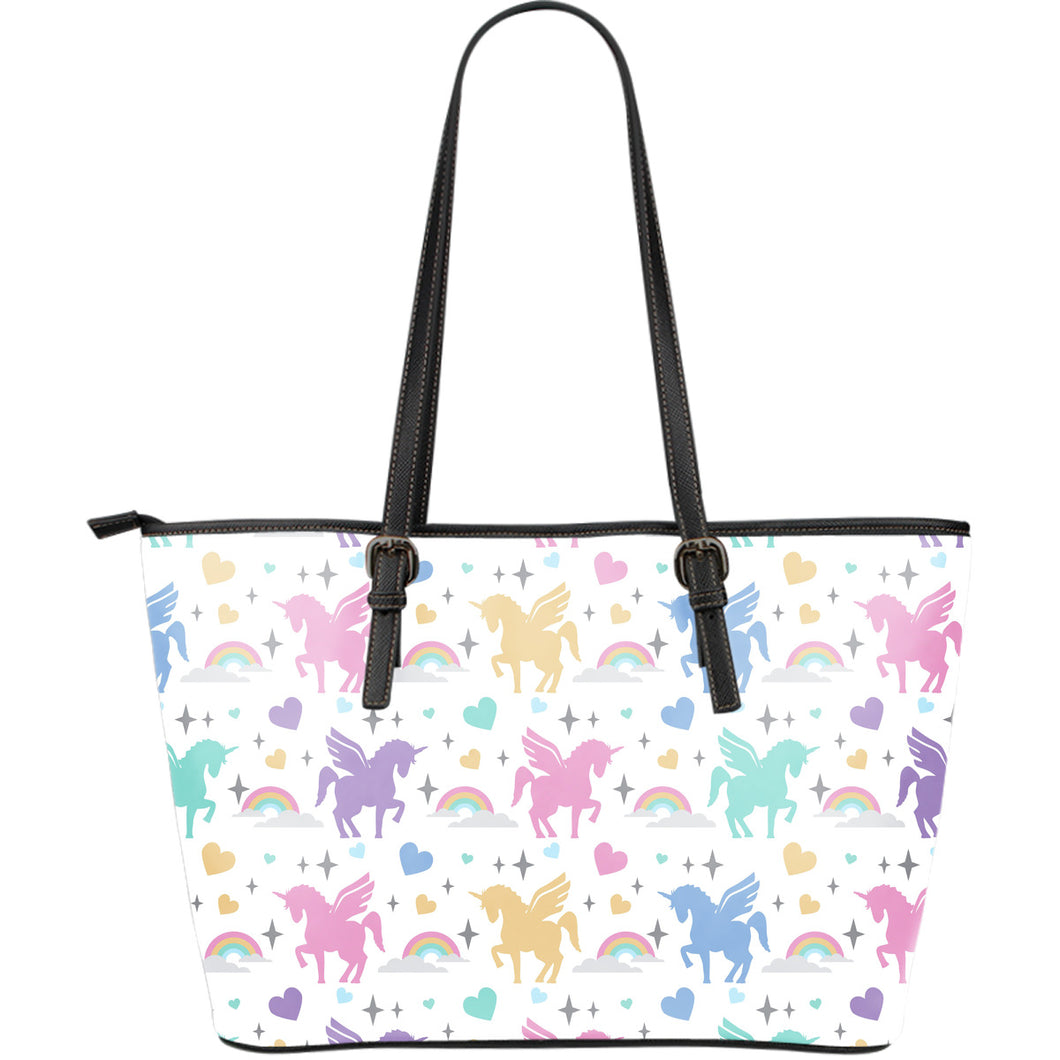 Colorful Unicorn Rainbow Heart Pattern Large Leather Tote Bag