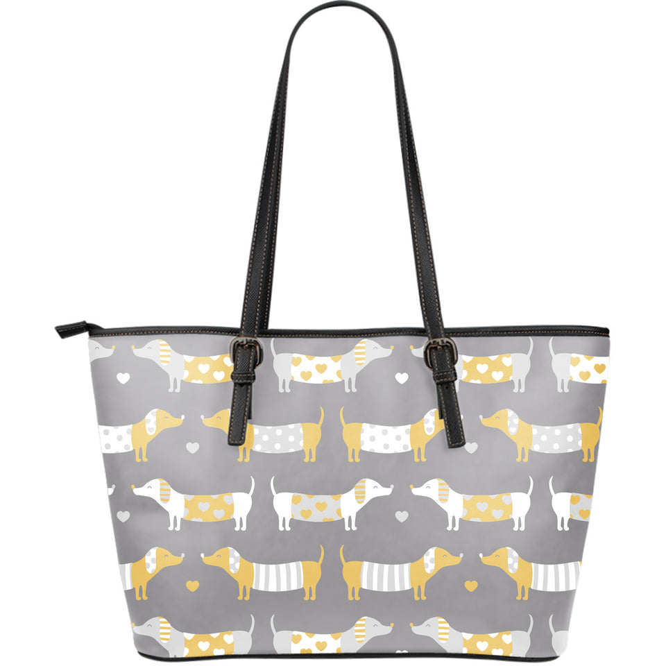 Cute Dachshund Dog Pattern Large Leather Tote Bag