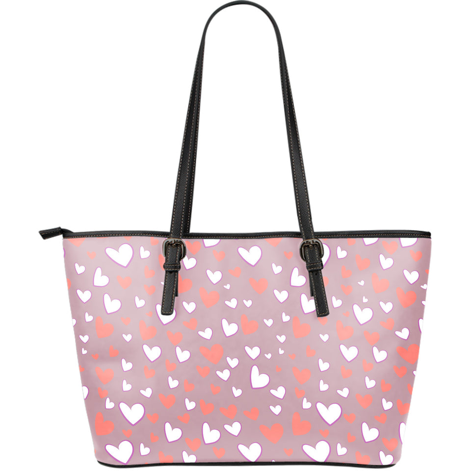 Coral White Heart Pattern Large Leather Tote Bag