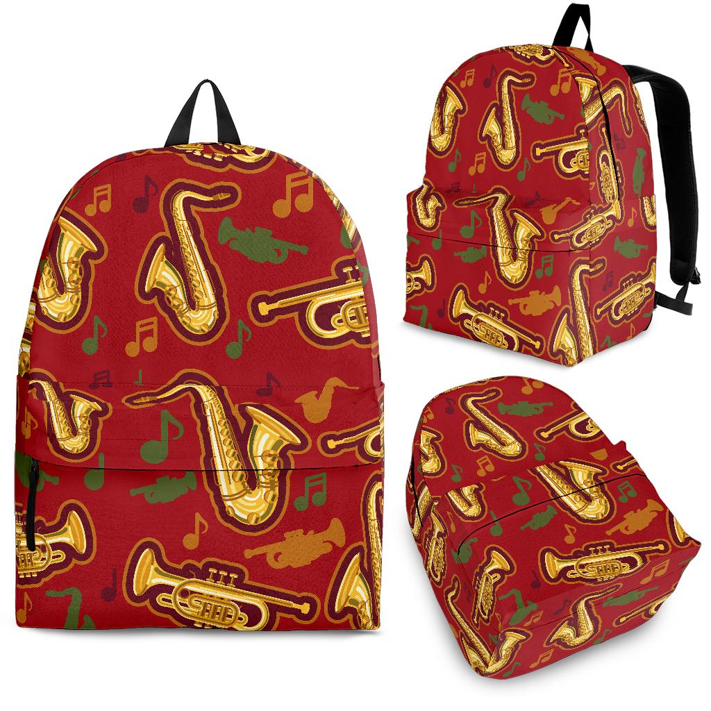Saxophone Cornet Pattern Red Background Backpack