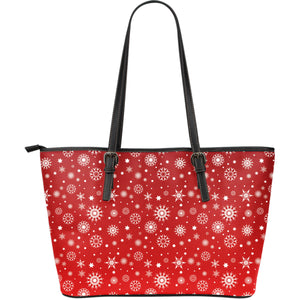 Snowflake Pattern Red Background Large Leather Tote Bag