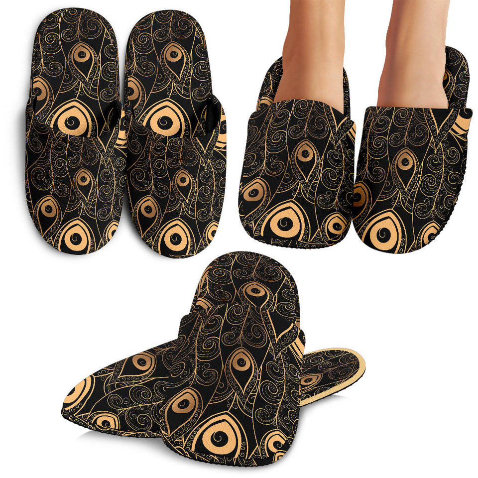 Gold Peacock Feather Pattern Slippers