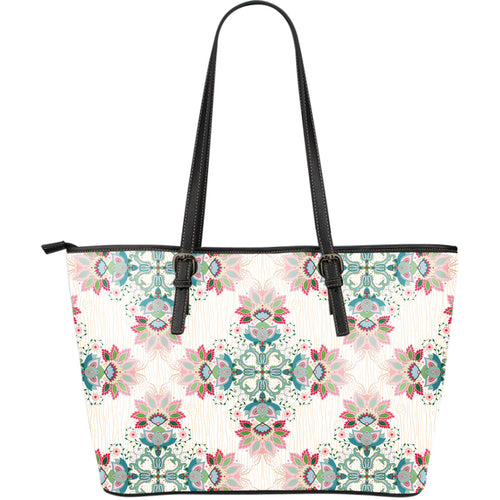 Square Floral Indian Flower Pattern Large Leather Tote Bag