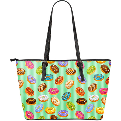 Colorful Donut Pattern Green Background Large Leather Tote Bag