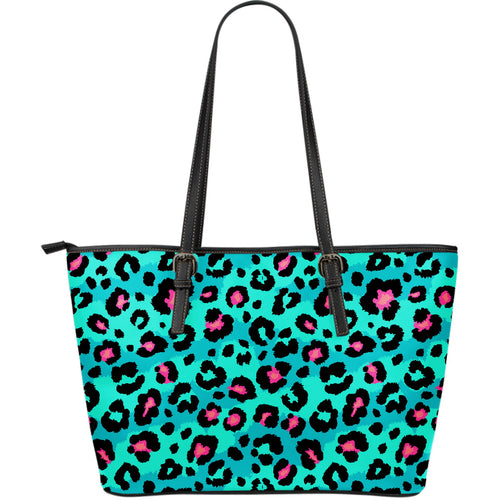 Green Leopard Skin Print Pattern Large Leather Tote Bag