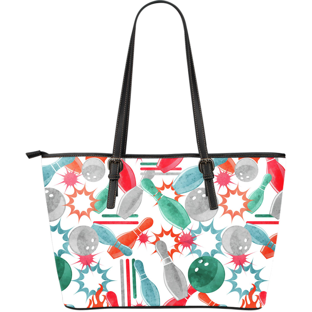Watercolor Bowling Pattern Large Leather Tote Bag