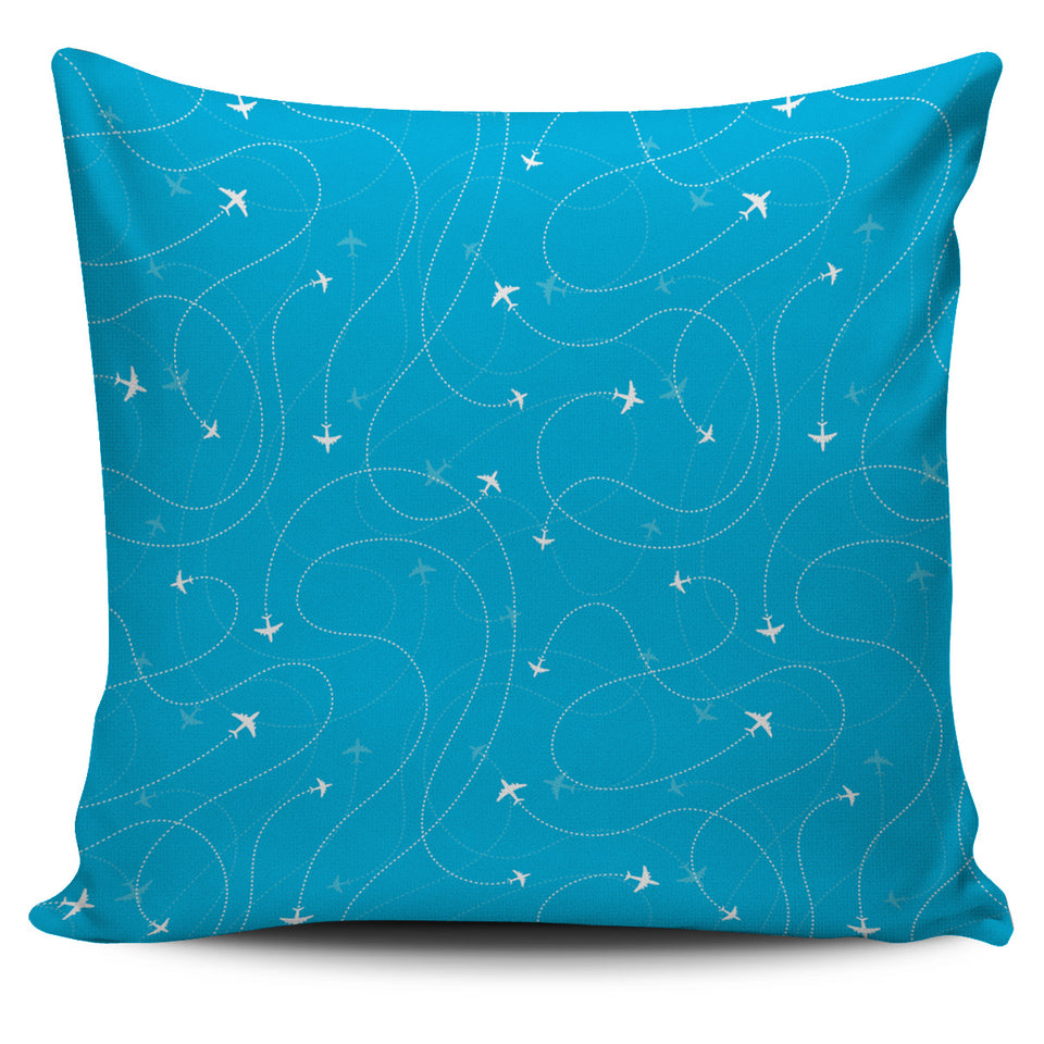 Airplane Destinations Blue Background Pillow Cover