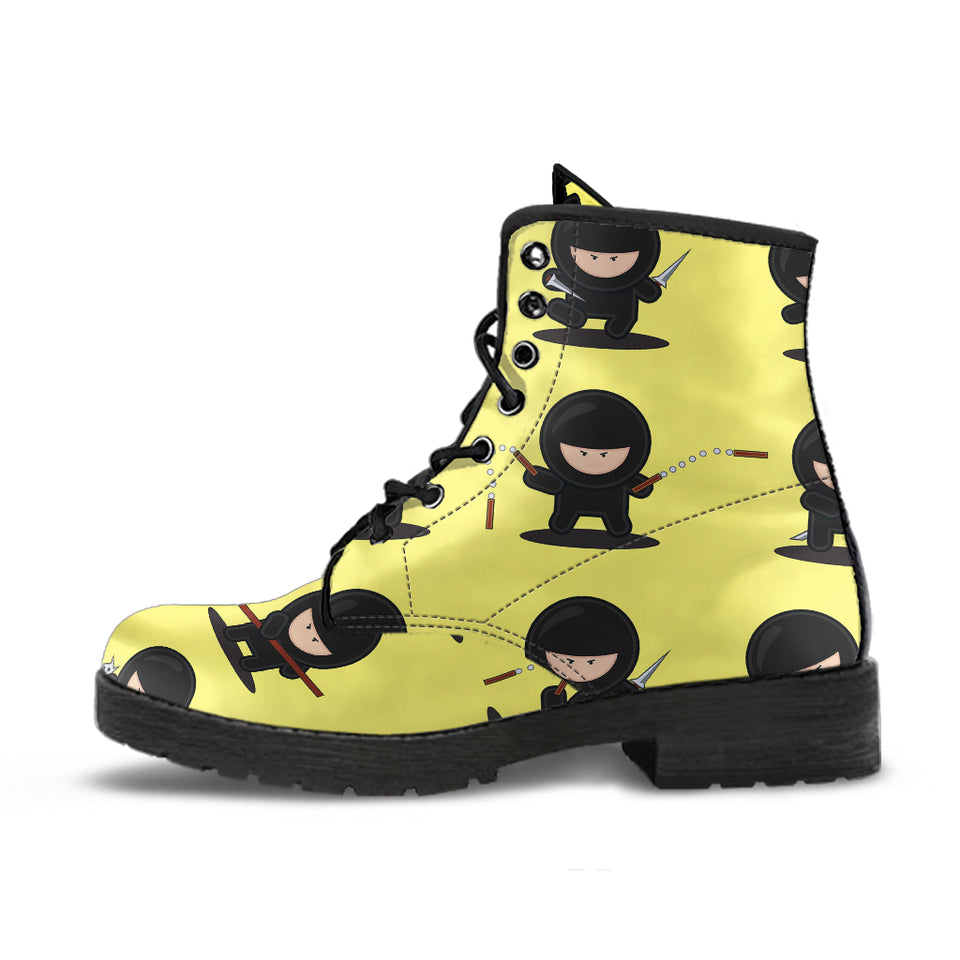 Cute Ninja Yellow Background Leather Boots