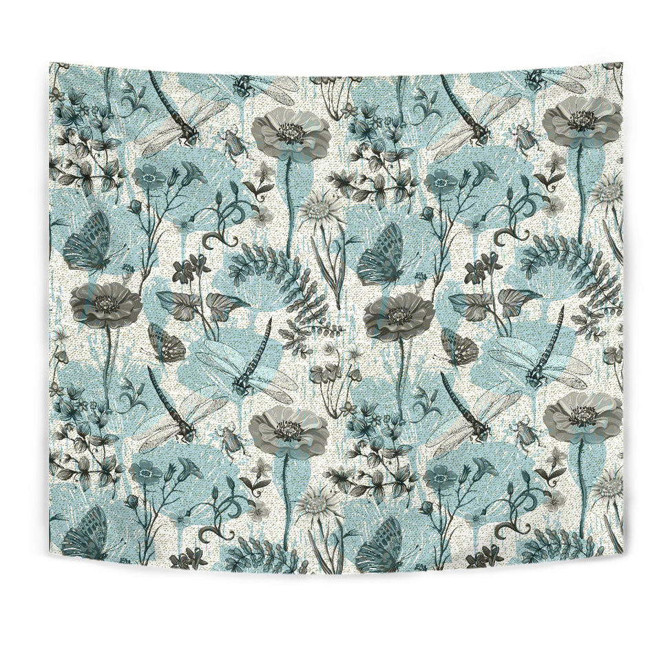 Dragonfly Butterfly Plants Insect Flower Vintage Style Pattern Wall Tapestry