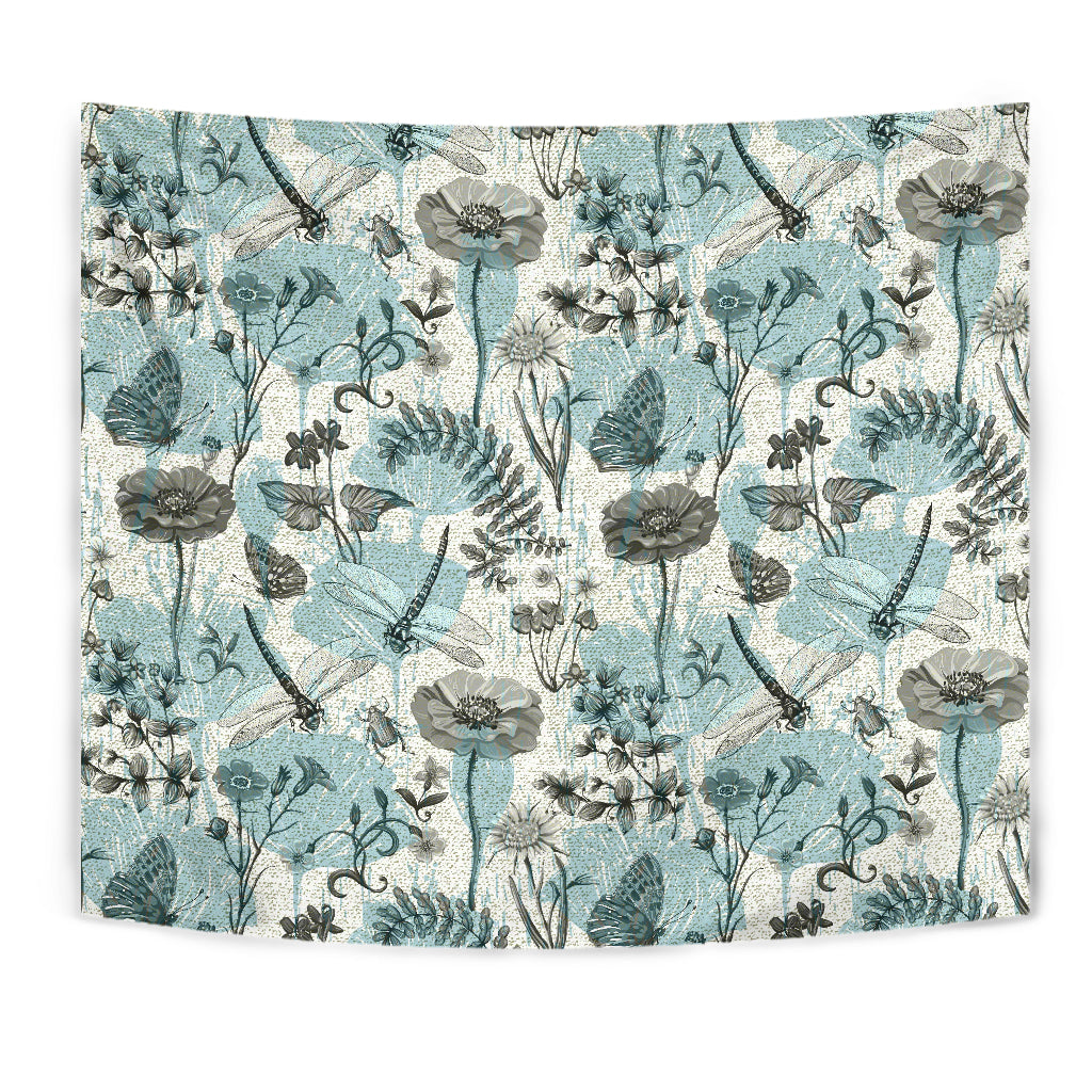 Dragonfly Butterfly Plants Insect Flower Vintage Style Pattern Wall Tapestry
