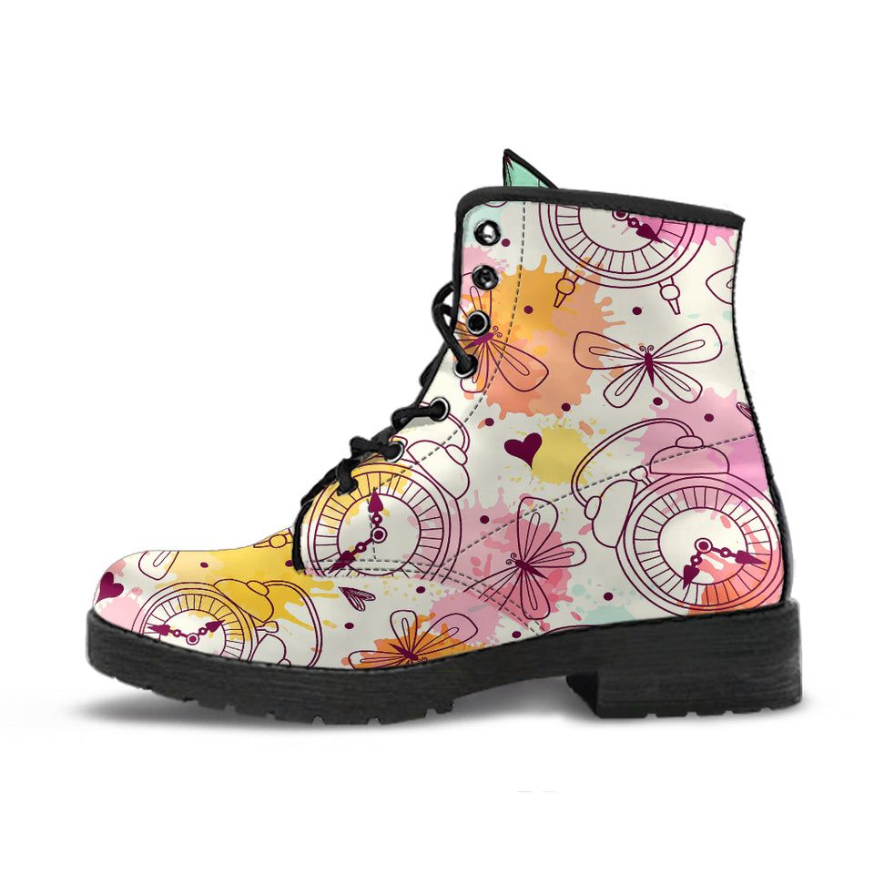 Clock Butterfly Pattern Leather Boots