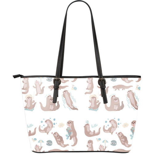 Cute Sea Otters Pattern Large Leather Tote Bag