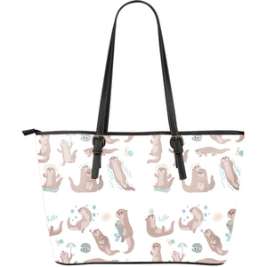 Cute Sea Otters Pattern Large Leather Tote Bag
