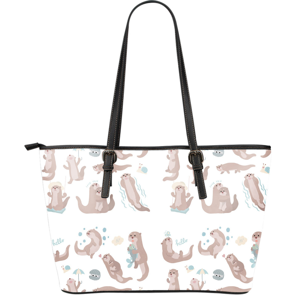 Cute Sea Otters Pattern Large Leather Tote Bag