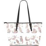 Cute Sea Otters Pattern Large Leather Tote Bag
