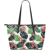 Heliconia Flowers, Palm And Monstera Leaves Large Leather Tote Bag