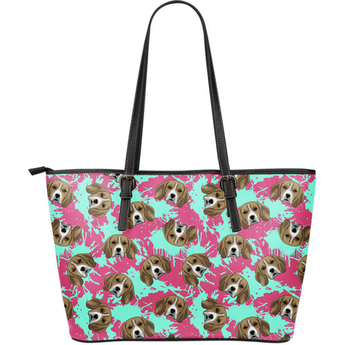 Beagle Muzzles Turquoise Paint Splashes Pink Pattern Large Leather Tote Bag