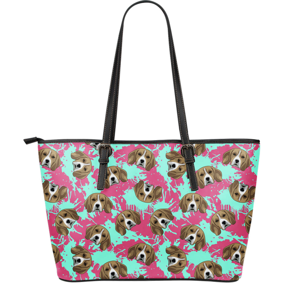 Beagle Muzzles Turquoise Paint Splashes Pink Pattern Large Leather Tote Bag