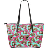 Beagle Muzzles Turquoise Paint Splashes Pink Pattern Large Leather Tote Bag