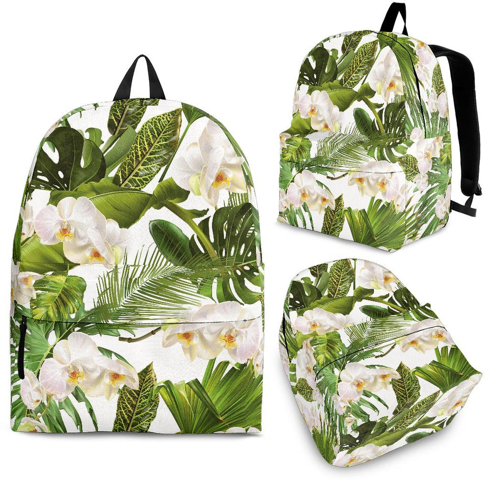 White Orchid Flower Tropical Leaves Pattern Backpack