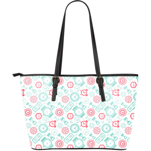 Clock Time Pattern Blackground Large Leather Tote Bag